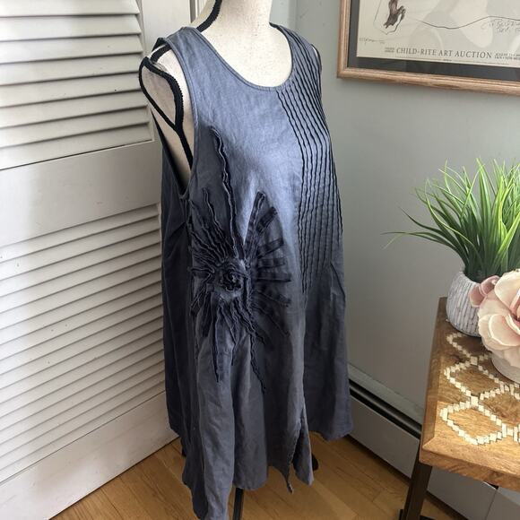 PEACOCK WAYS Dress Womens Large Blue Linen Shift Pleated Embroidered Lagenlook - Picture 3 of 11